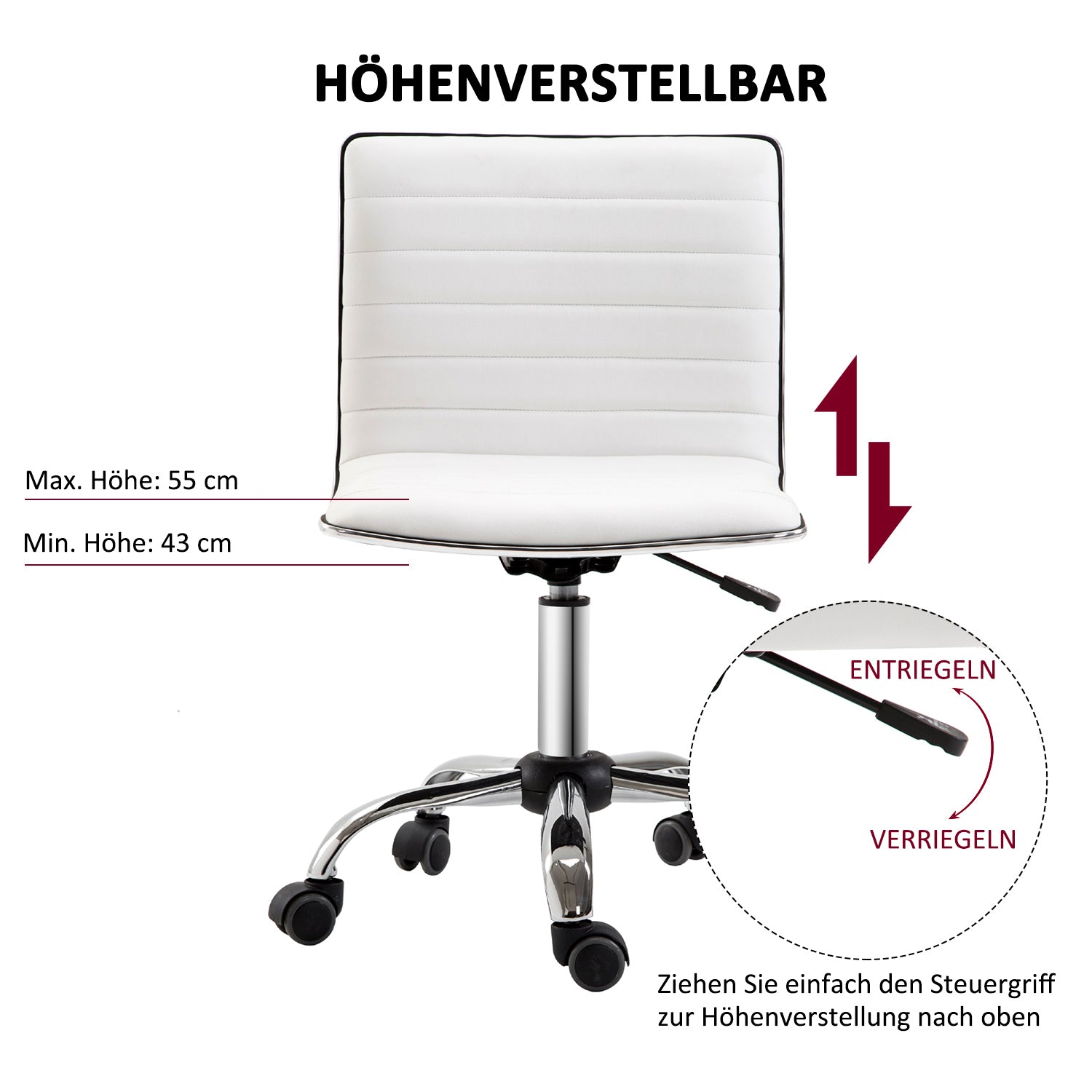 Office chair without armrests in white leather adjustable in height - 78 to 90 cm