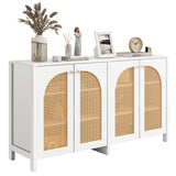Buffet blanco moderno en MDF con 4 puertas de ratán y manijas de metal