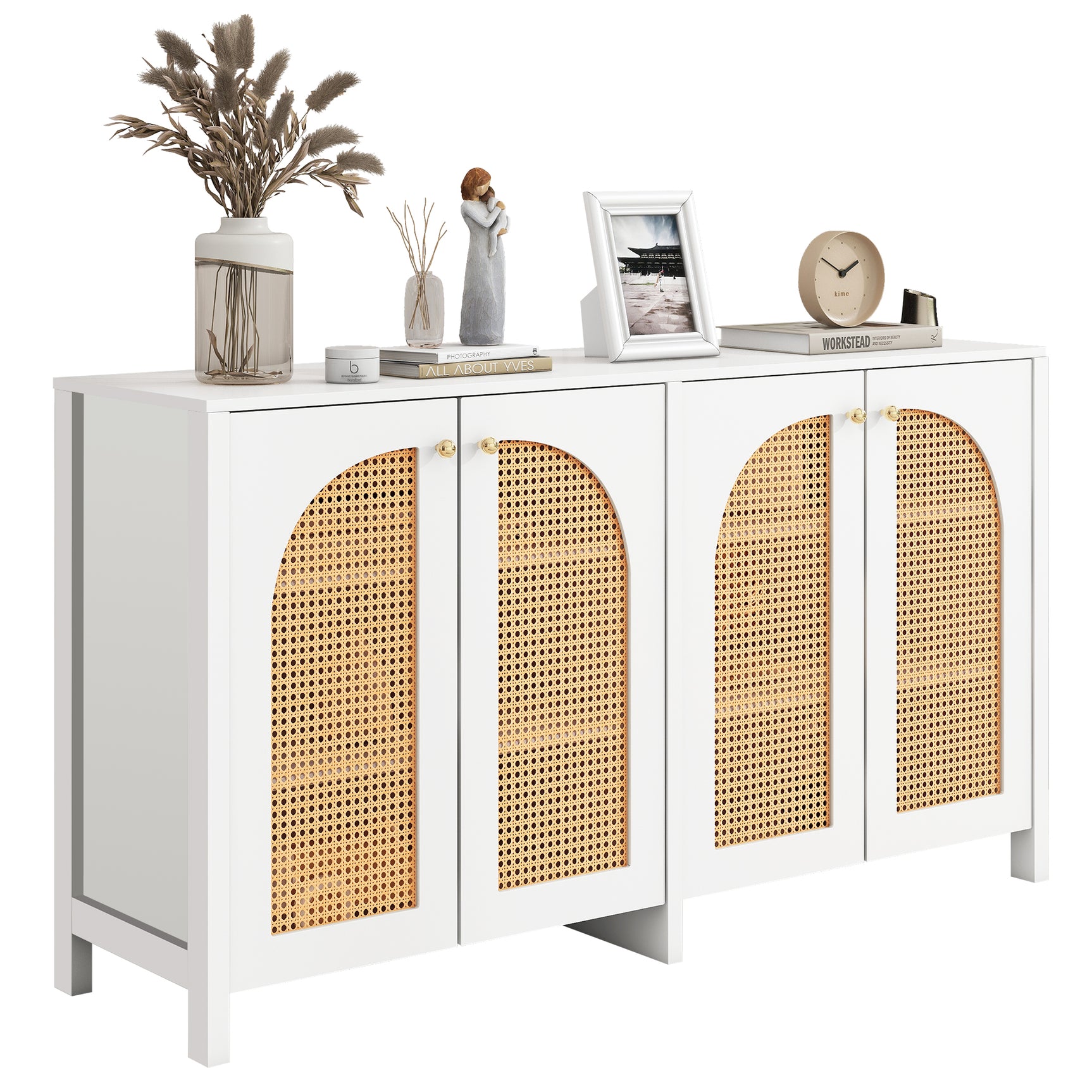 Buffet blanco moderno en MDF con 4 puertas de ratán y manijas de metal