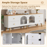 Meuble TV avec 4 tiroirs et 2 portes vitrées en verre trempé, design moderne blanc et bois naturel
