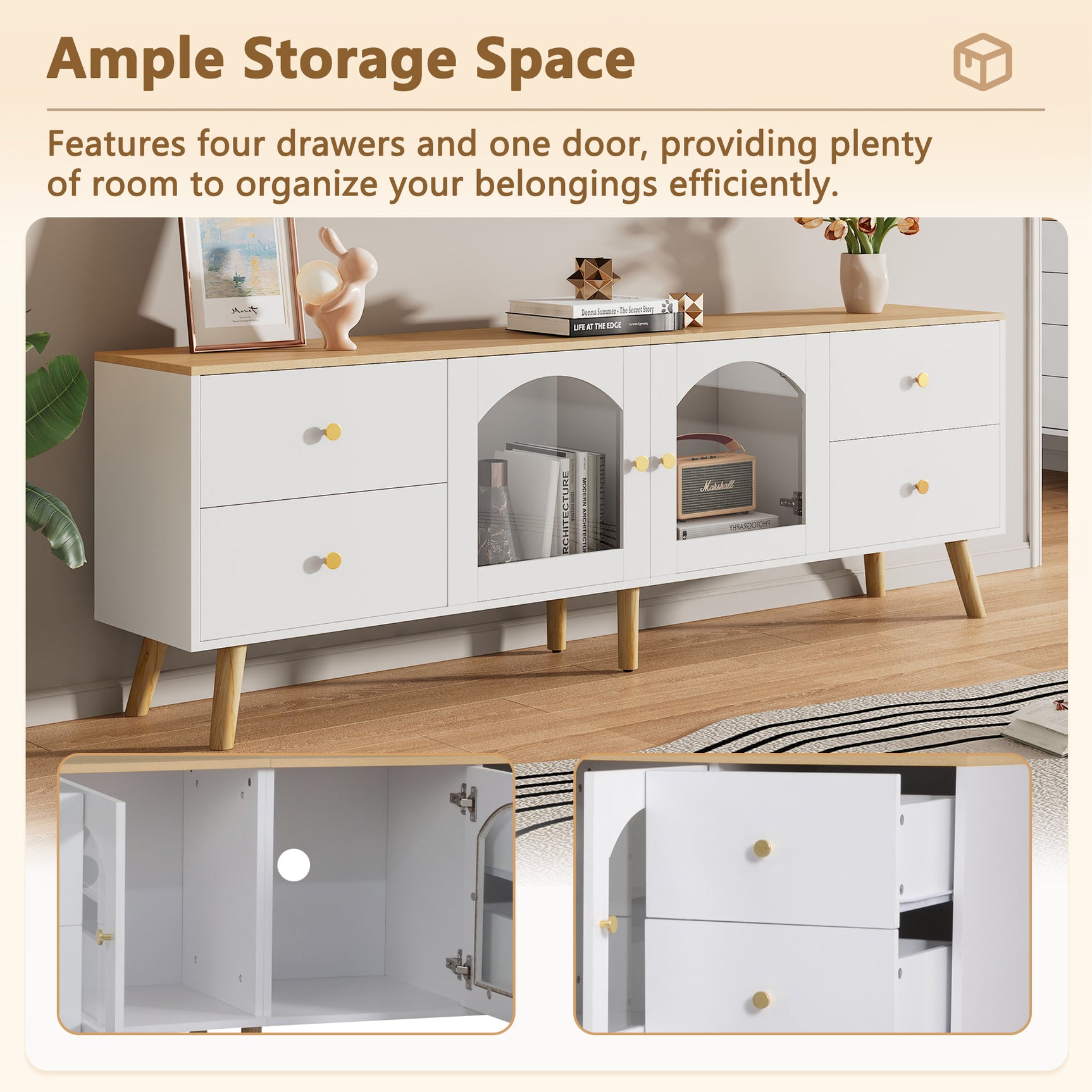 Meuble TV avec 4 tiroirs et 2 portes vitrées en verre trempé, design moderne blanc et bois naturel