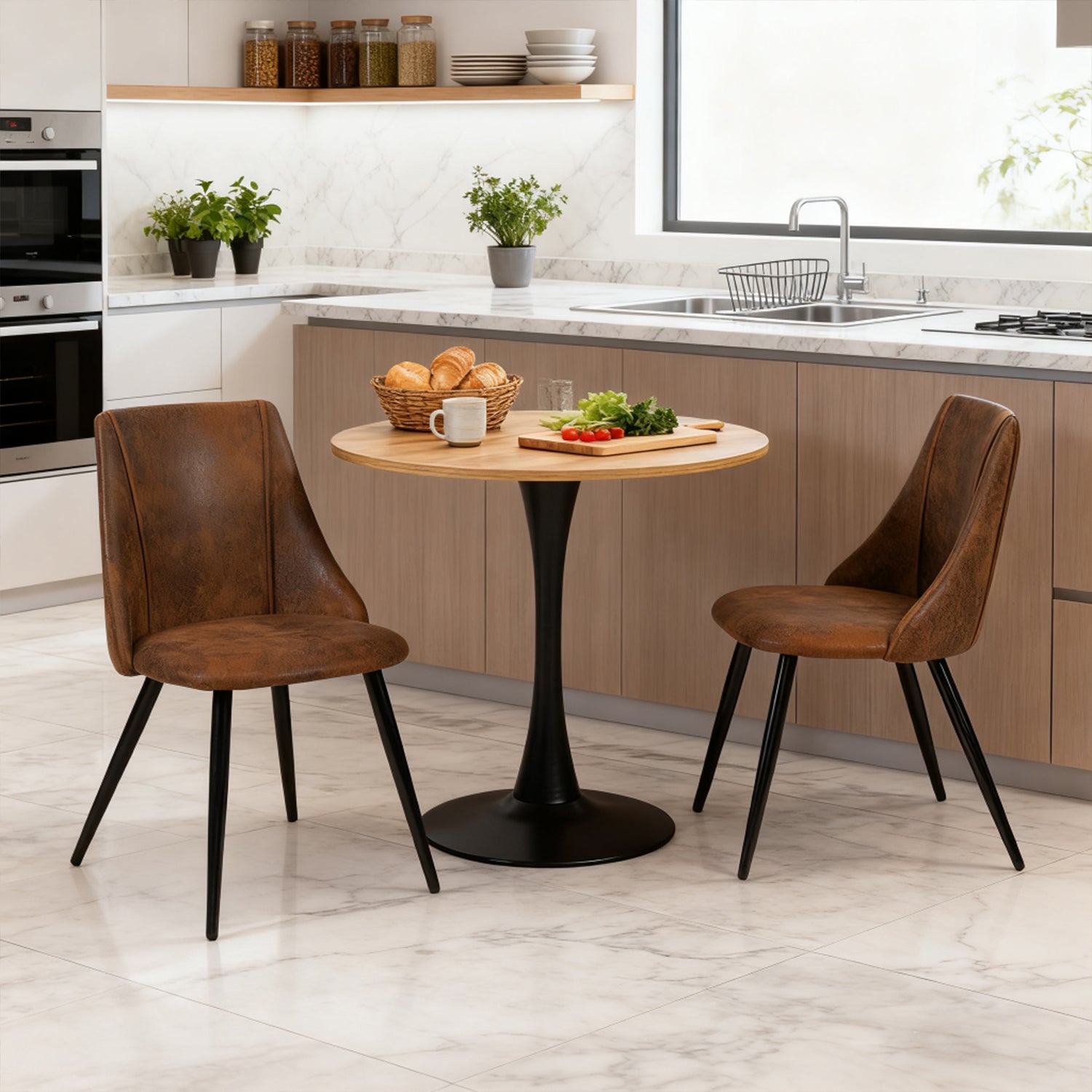 Ensemble de salle à manger de style scandinave composé d'une table ronde en chêne et de 2 chaises en suédine marron