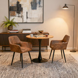 Ensemble de salle à manger de style scandinave composé d'une table ronde en chêne et de 2 fauteuils en suédine marron