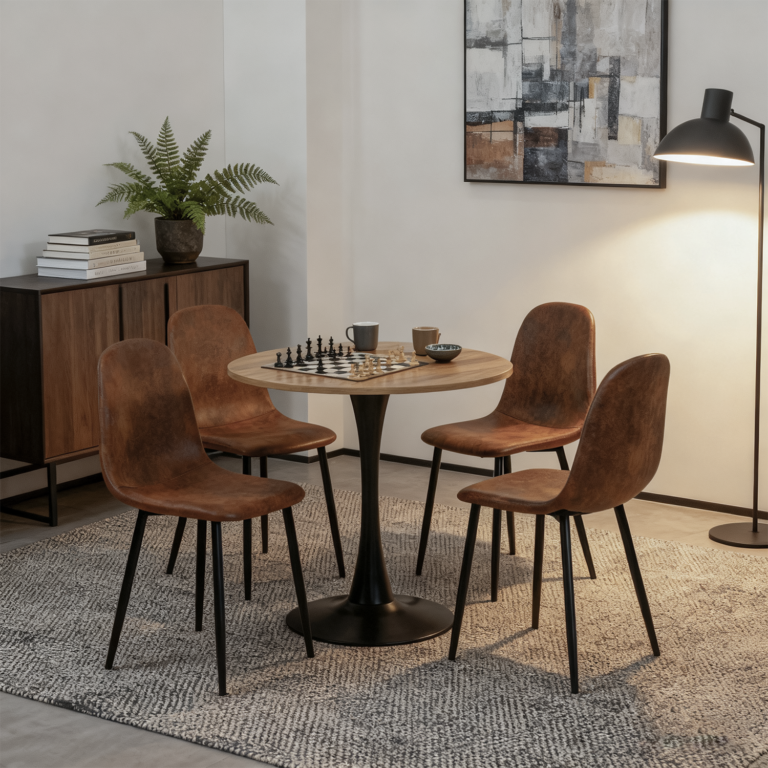 Round Table Table Table Table Timber Ø80 cm with 4 black velvet chairs, modern and comfortable style