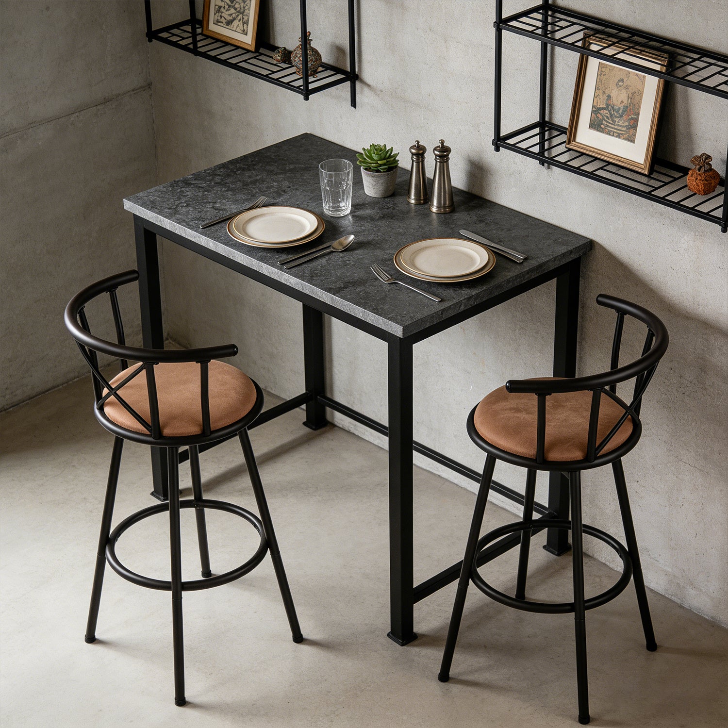 Set of 2 swivel industrial bar stools with brown fabric backrest - Hailey 29