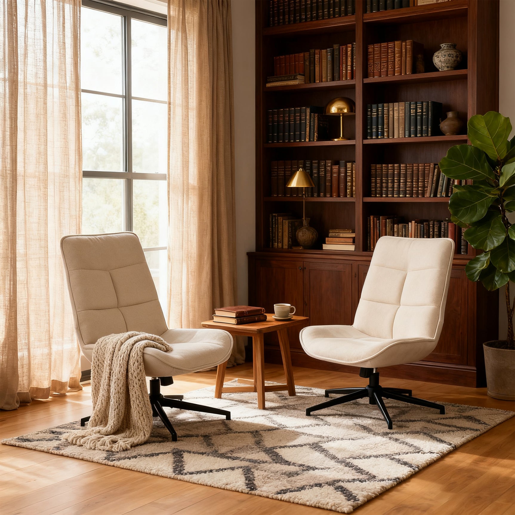 Fauteuil de loisirs réglable en tissu chenille beige pivotant à 360° - CHARLOTTE