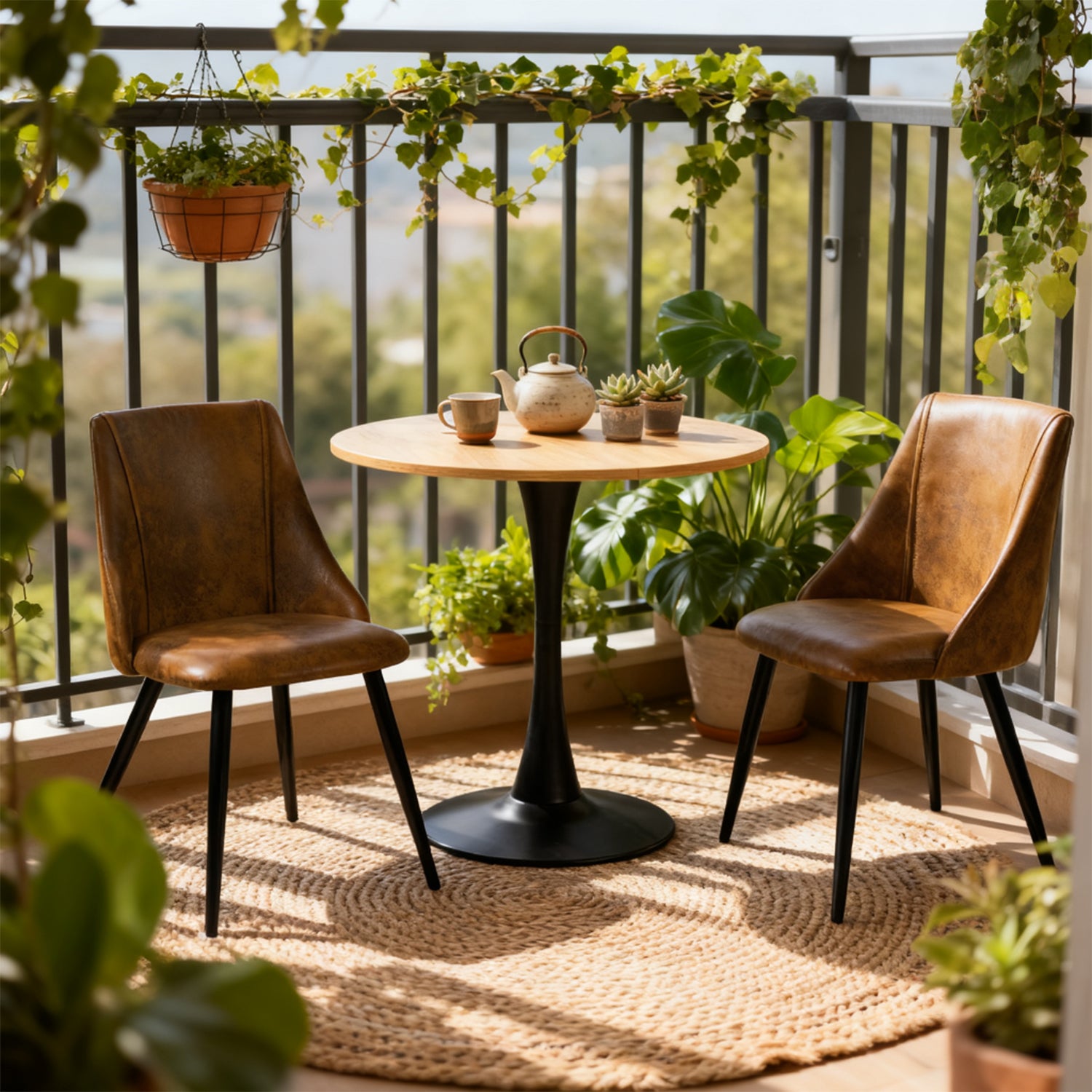 Ensemble de salle à manger de style scandinave composé d'une table ronde en chêne et de 2 chaises en suédine marron