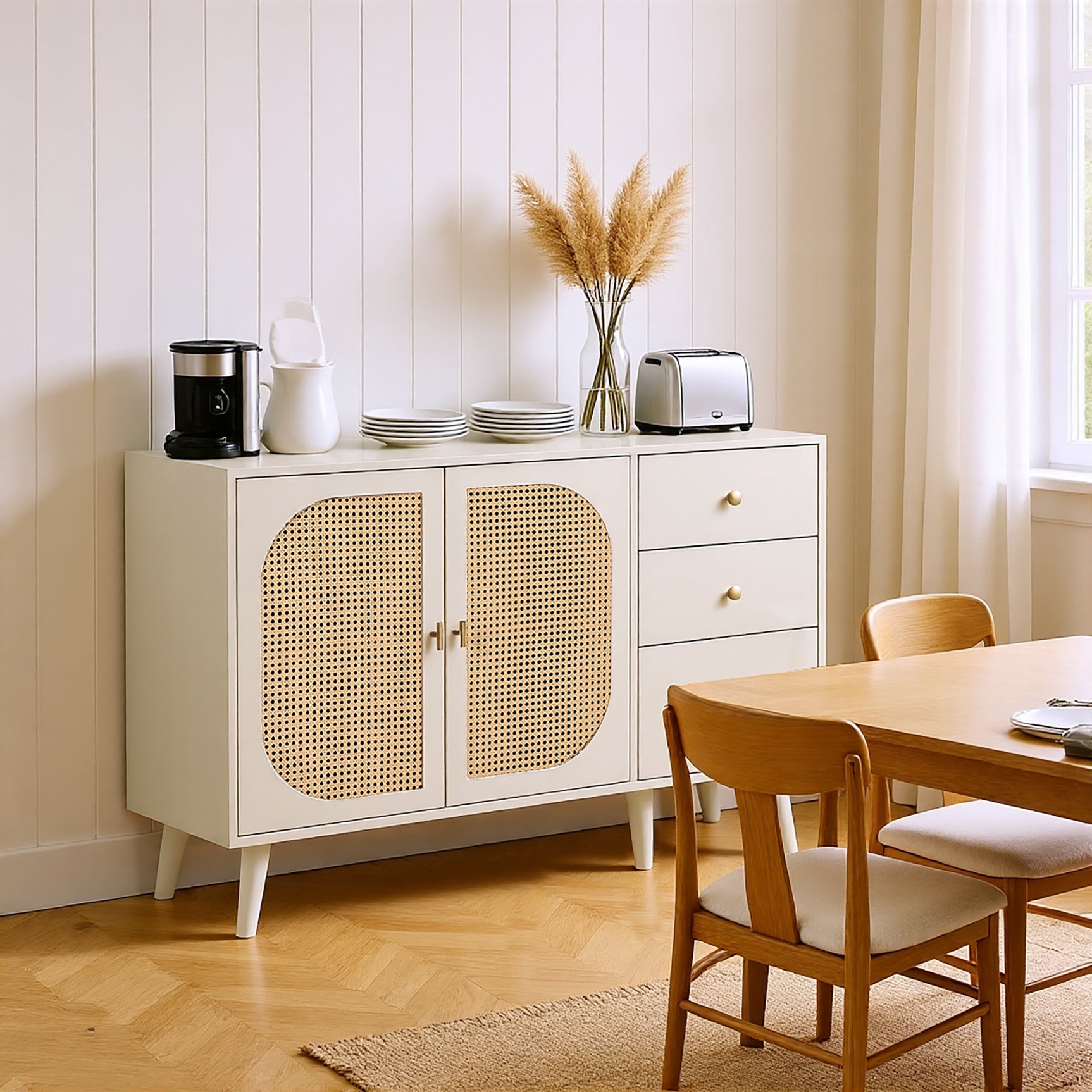 Salón y comedor buffet en blanco roto con puertas de ratán y 3 cajones, moderna unidad de almacenamiento de 120 cm de ancho