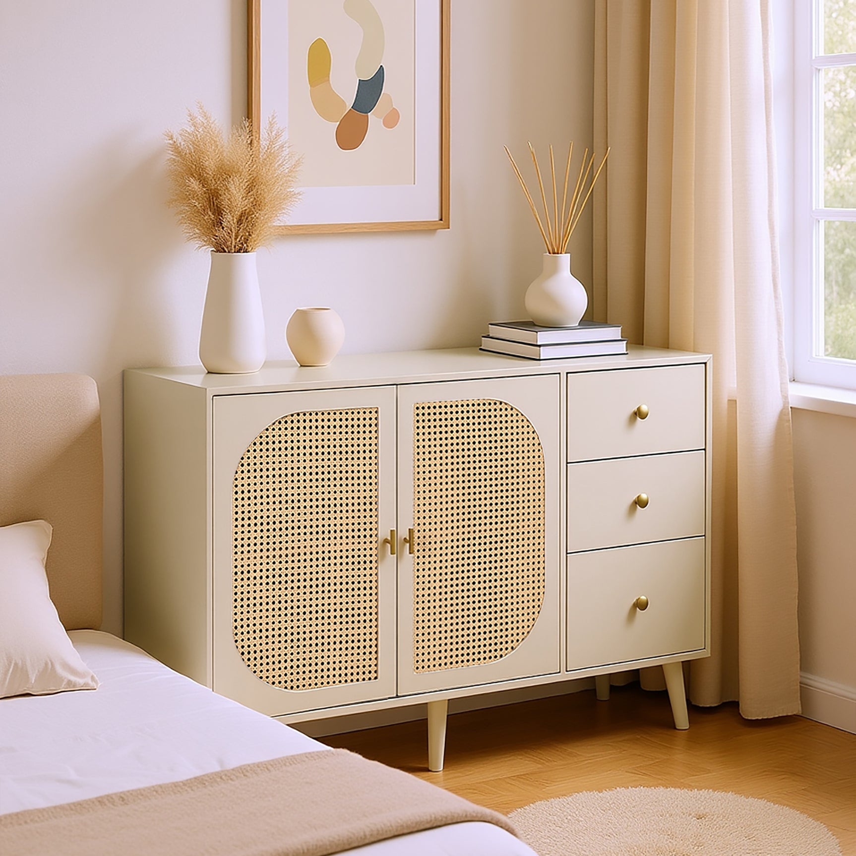 Salón y comedor buffet en blanco roto con puertas de ratán y 3 cajones, moderna unidad de almacenamiento de 120 cm de ancho