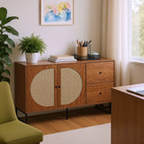 Buffet en noyer avec 2 portes en rotin et 2 tiroirs