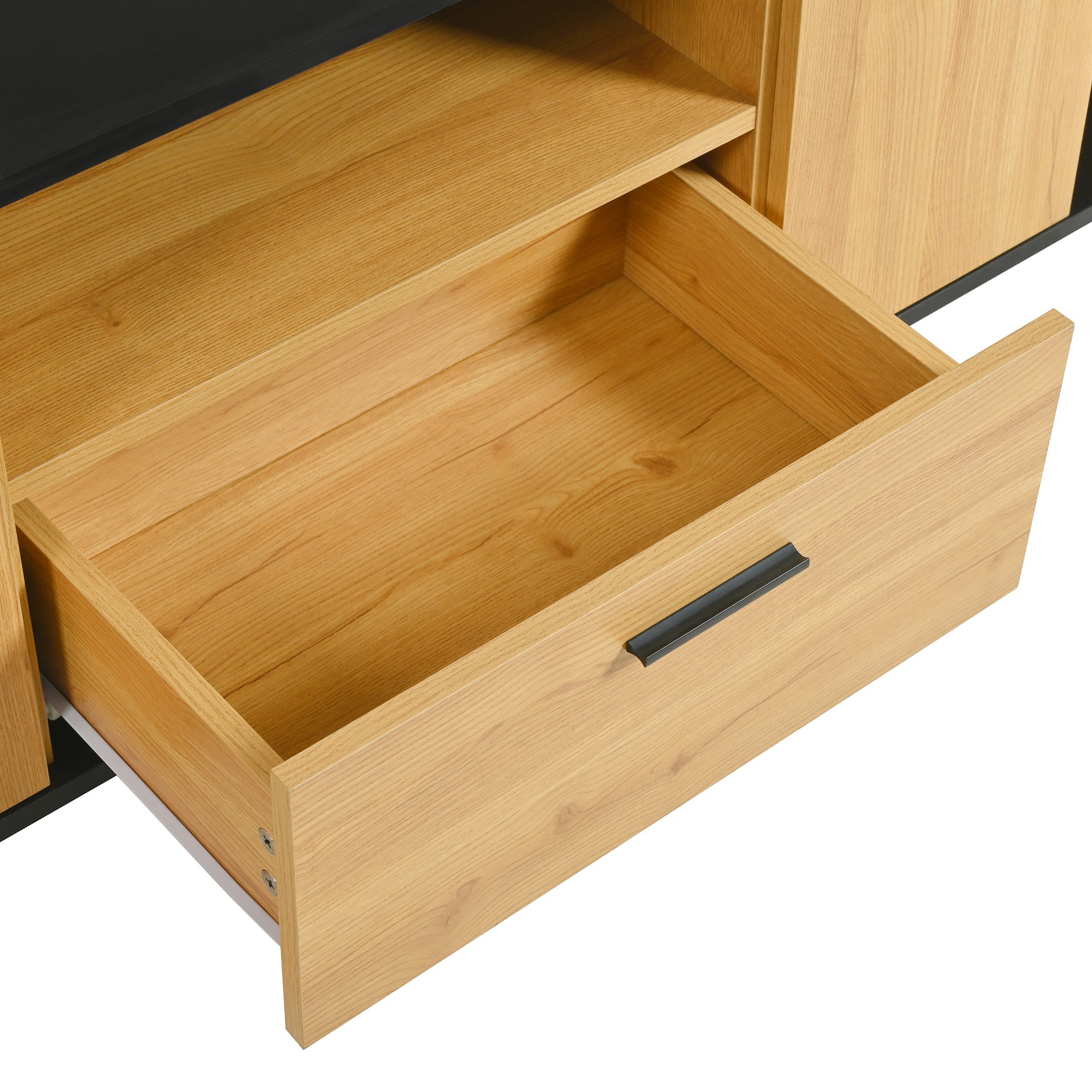 Meuble TV avec tiroir, 3 portes, 2 niches en verre et éclairage LED, noir et bois naturel