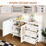 Buffet de ratán blanco decorativo con 2 puertas de ratán y 3 cajones, elegante unidad de almacenamiento multifunción con detalles dorados, 160x40x87 cm