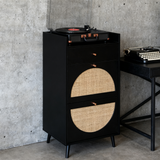 Meuble à chaussures noir 60x24x110 cm avec 2 portes en rotin, 1 tiroir et étagères réglables