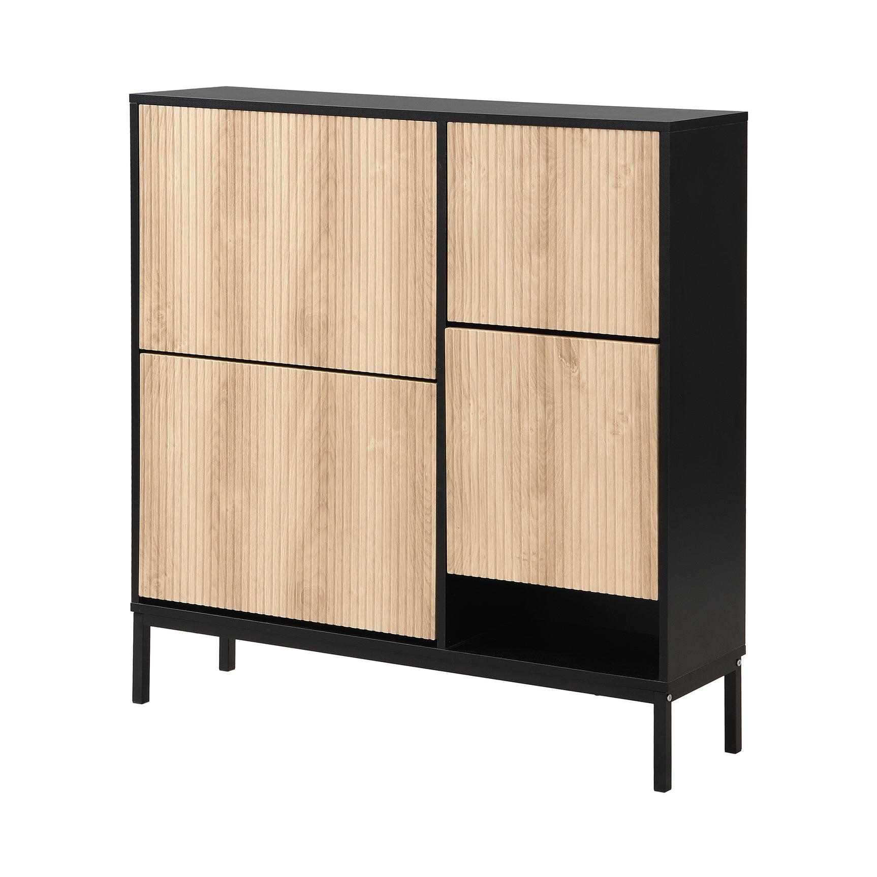 Meuble à chaussures avec banc intégré 100x25x100 cm en MDF noir et bois naturel, 3 abattants, étagères et assise escamotable, idéal pour entrée, couloir ou chambre