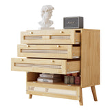Commode classique à 3 tiroirs, avec dessus de tiroir en rotin, couvercle inférieur rabattable, poignée en métal doré et pieds en bois, offrant un espace de rangement pour le salon et la chambre