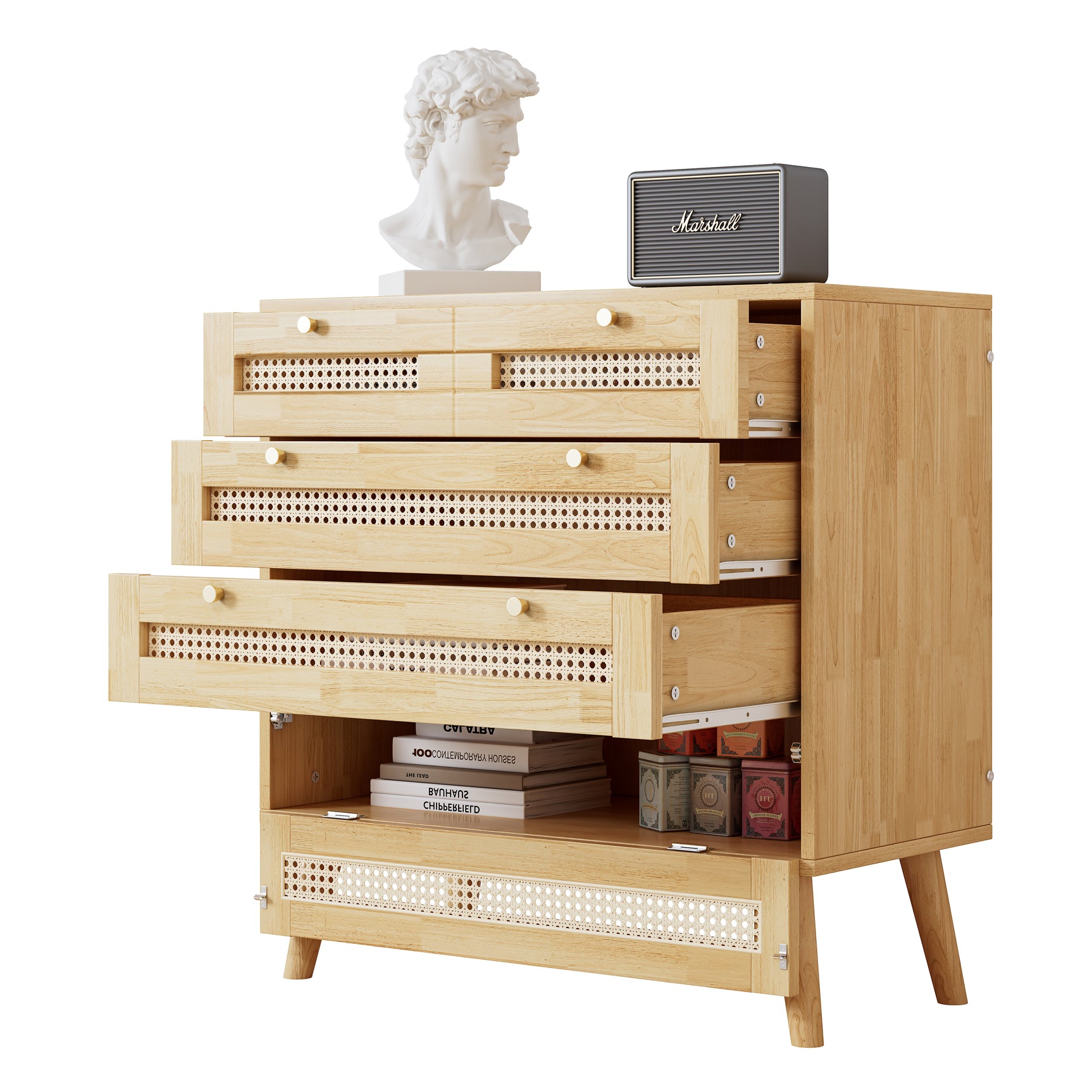 Commode classique à 3 tiroirs, avec dessus de tiroir en rotin, couvercle inférieur rabattable, poignée en métal doré et pieds en bois, offrant un espace de rangement pour le salon et la chambre