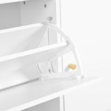 Weißer Schuhschrank 119x24x122 cm mit 3 kippbaren Schubladen, Aufbewahrungsschublade, verstellbaren Einlegeböden und Klappbank