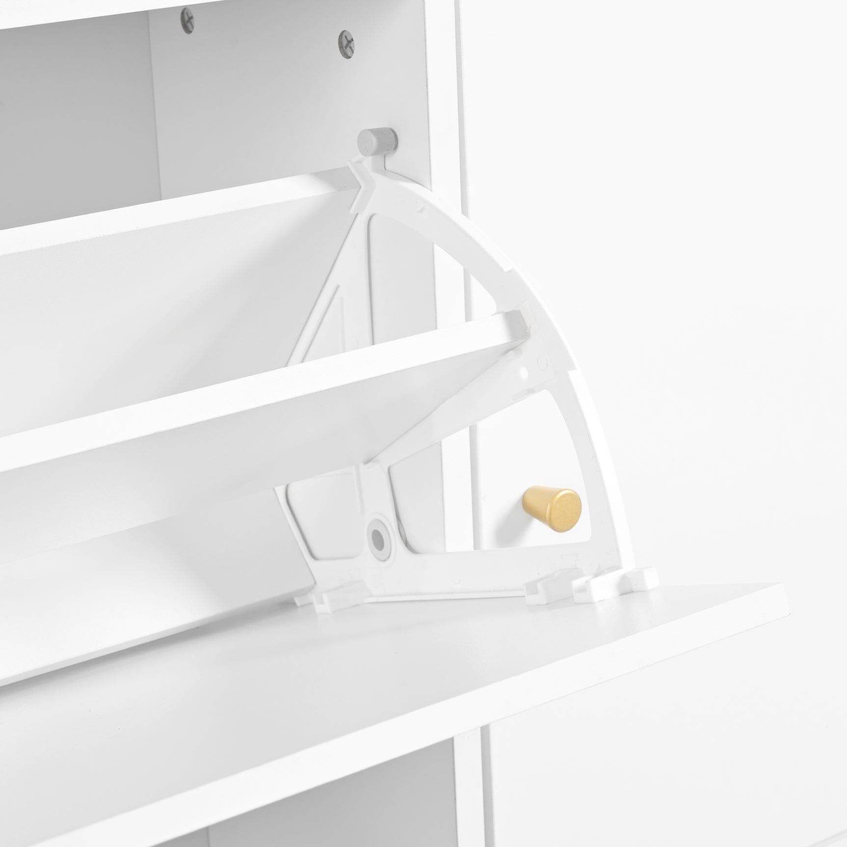 Weißer Schuhschrank 119x24x122 cm mit 3 kippbaren Schubladen, Aufbewahrungsschublade, verstellbaren Einlegeböden und Klappbank