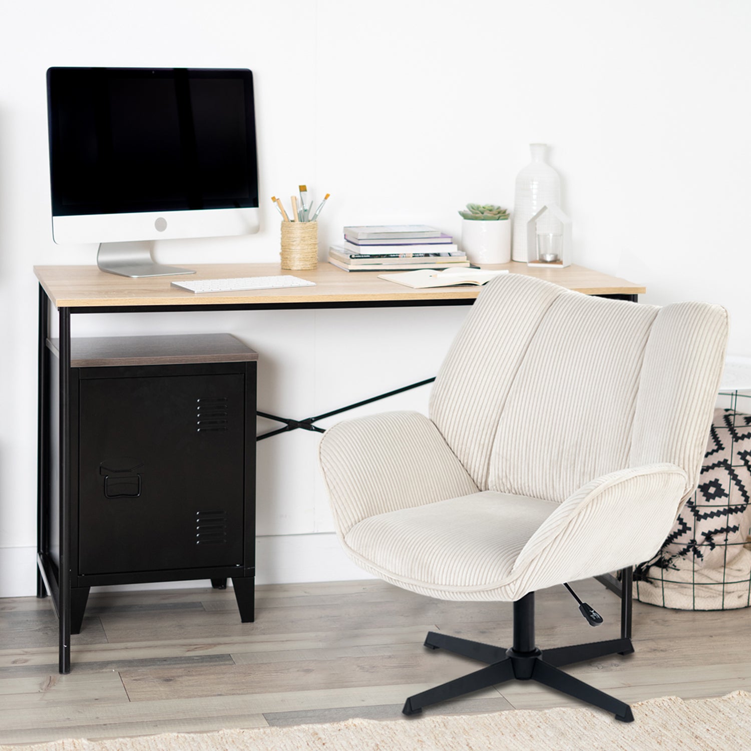 Fauteuil de loisirs réglable pivotant avec accoudoirs en velours côtelé beige - DUROTHIL