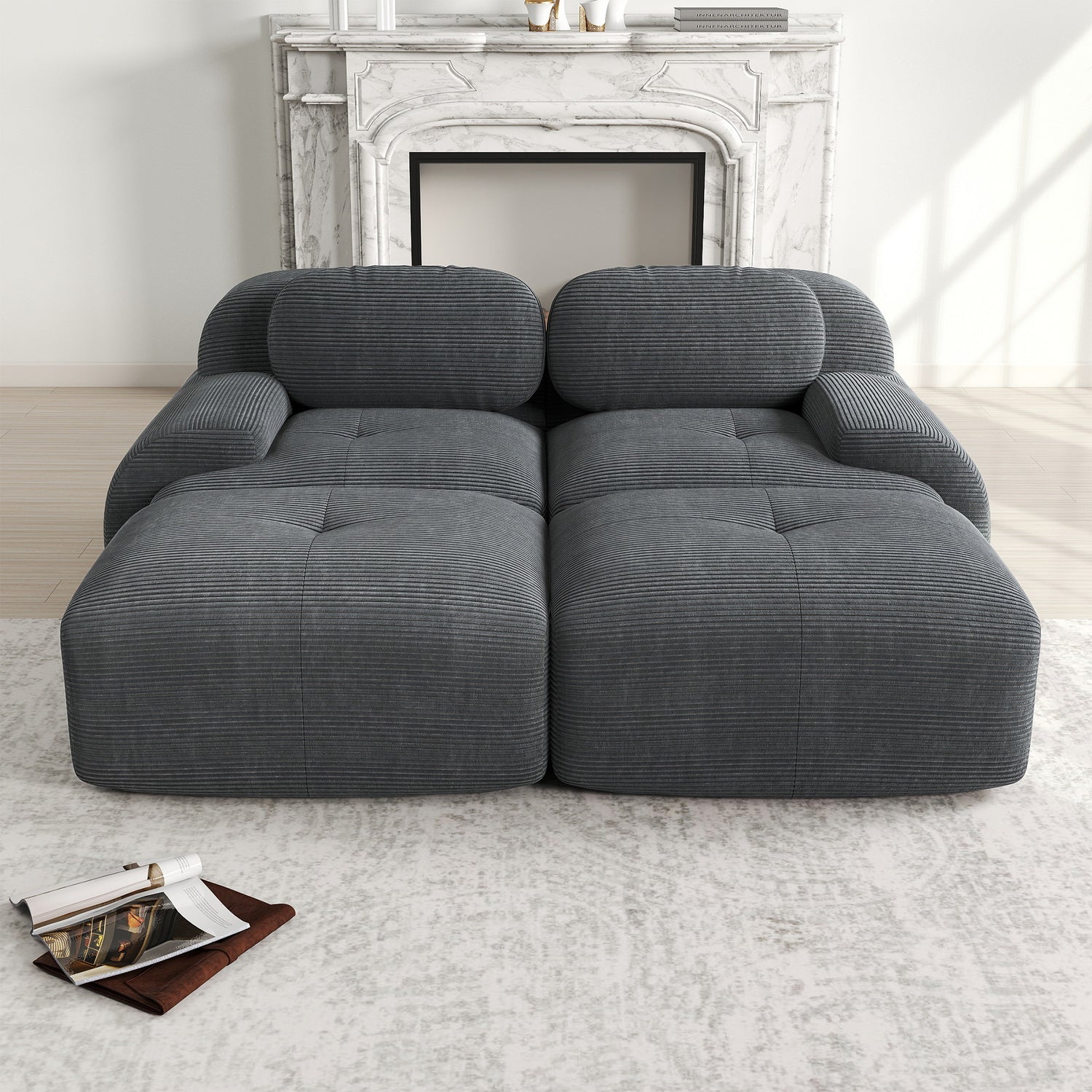 Ensemble de canapés avec accoudoirs incurvés et base antidérapante en tissu velours côtelé doux pour le salon, gris, siège 2 + tabouret 2