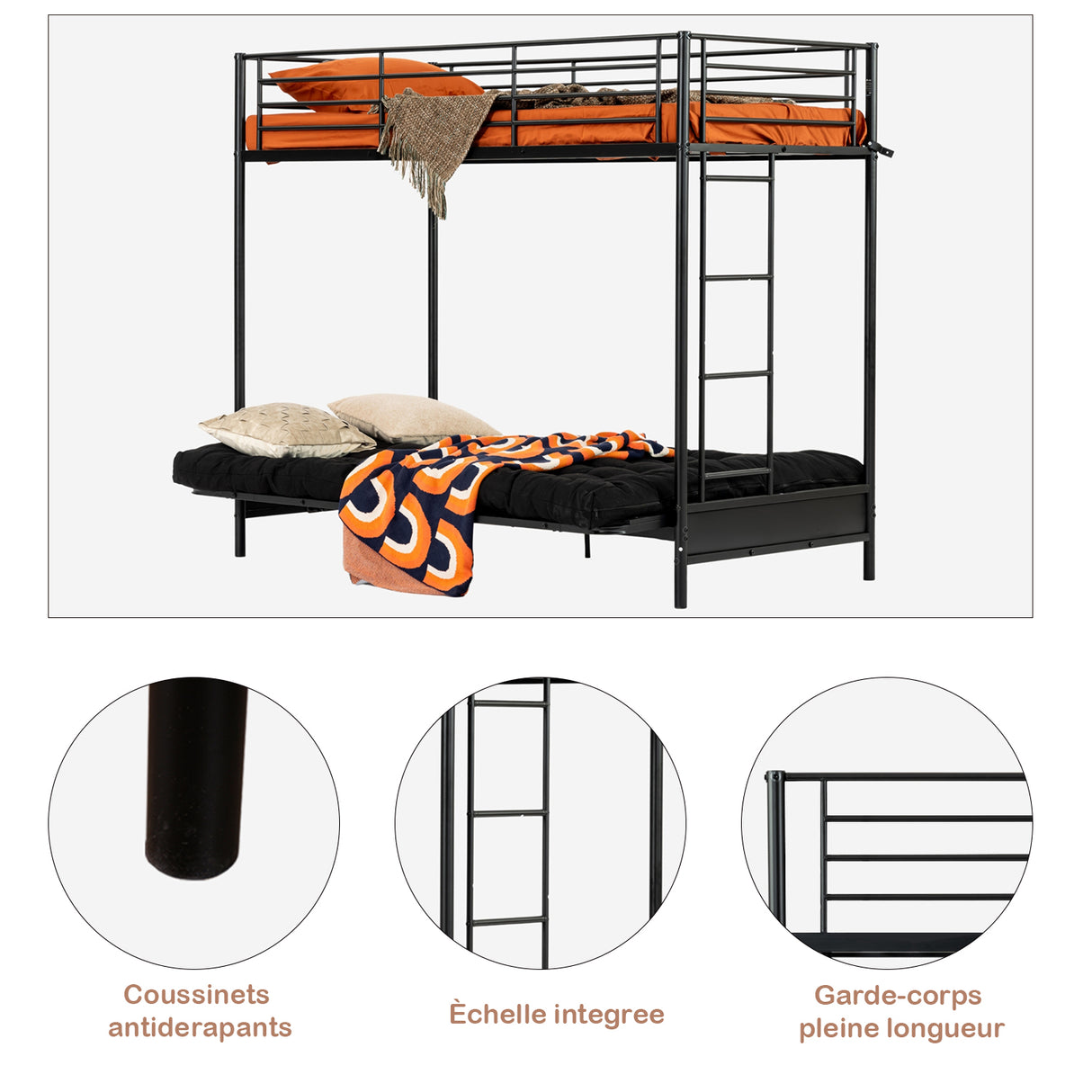 Bunk bed 90x190cm with convertible bench sofa and slatted base in black metal (mattress not included) - Liberty