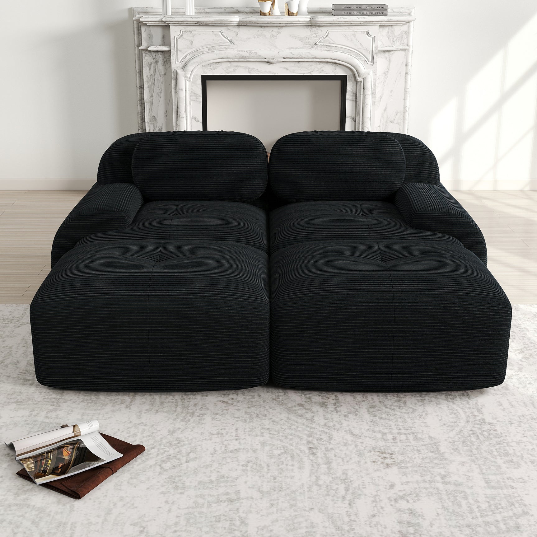 Ensemble de canapés avec accoudoirs incurvés et base antidérapante en tissu velours côtelé doux pour le salon, noir, siège 2 + tabouret 2