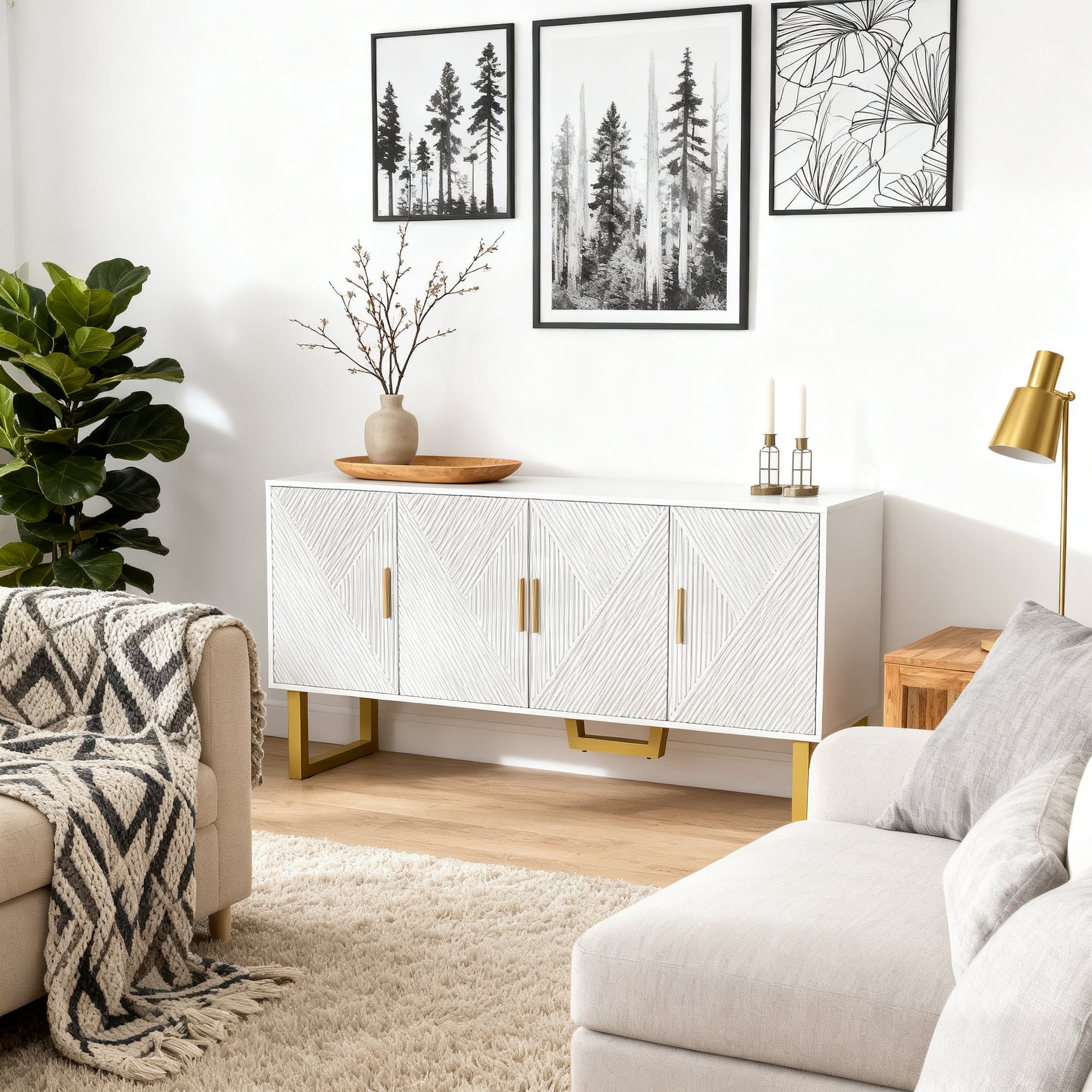 Modernes Weiß- und Holzbuffet mit 3 Schubladen und Schiebetüren mit Lamellen