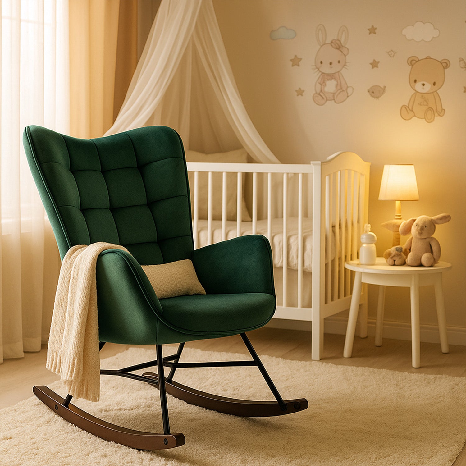 Fauteuil à bascule allaitement scandinave avec accoudoirs en velours vert foncé à surpiqûres - FUNKEL