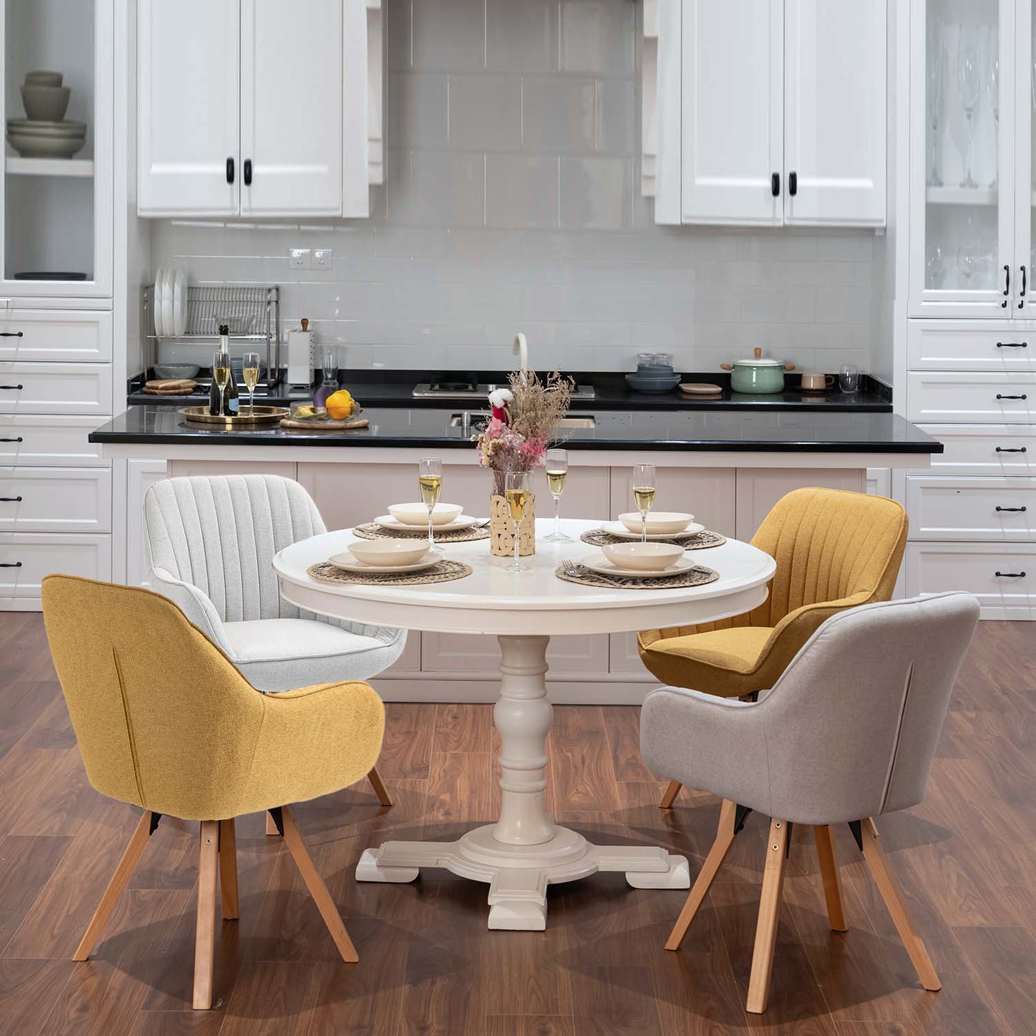 Set di 6 comode sedie per sala da pranzo in tessuto beige, girevoli a 360° - CARSON FABRIC BEIGE 6PZ