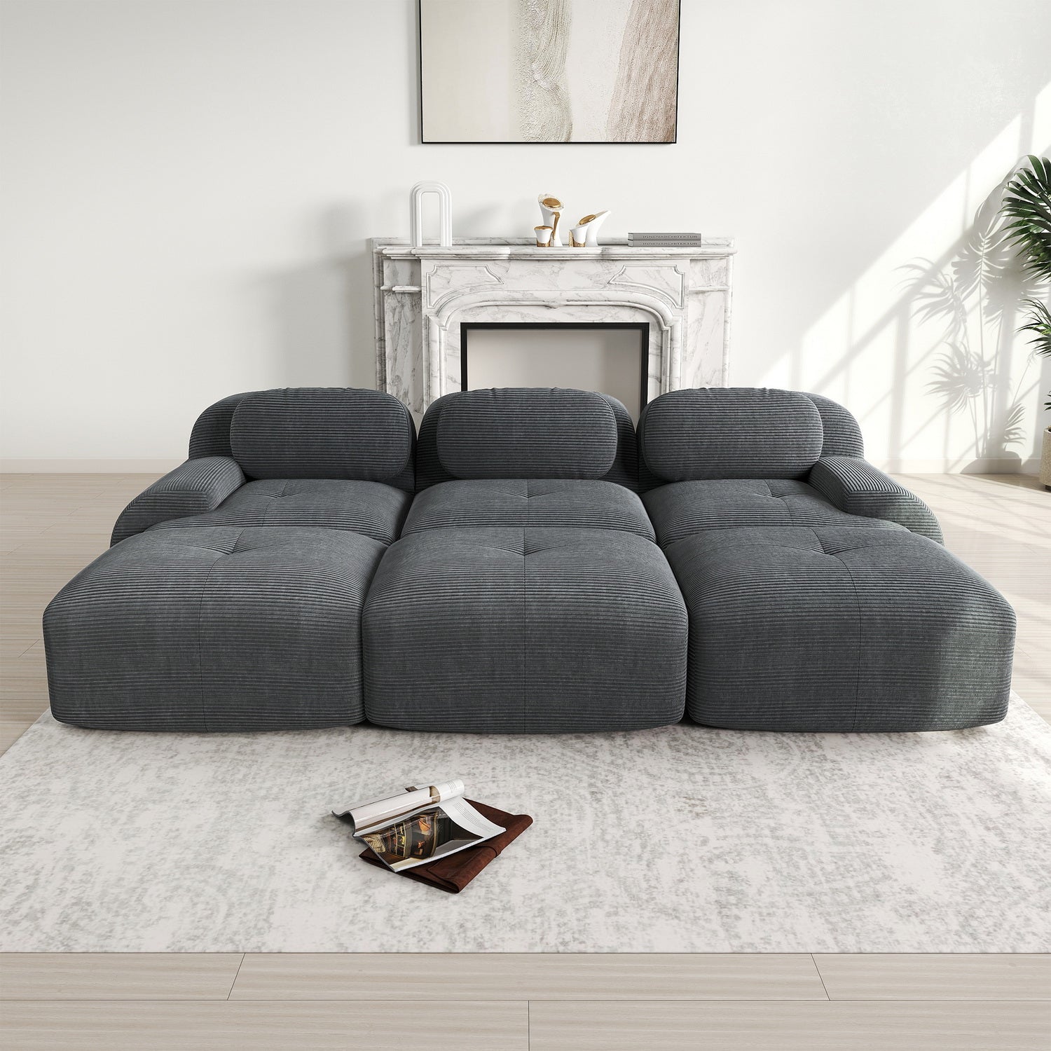 Ensemble de canapés avec accoudoirs incurvés et base antidérapante en tissu velours côtelé doux pour le salon, gris, siège 3 + tabouret 3
