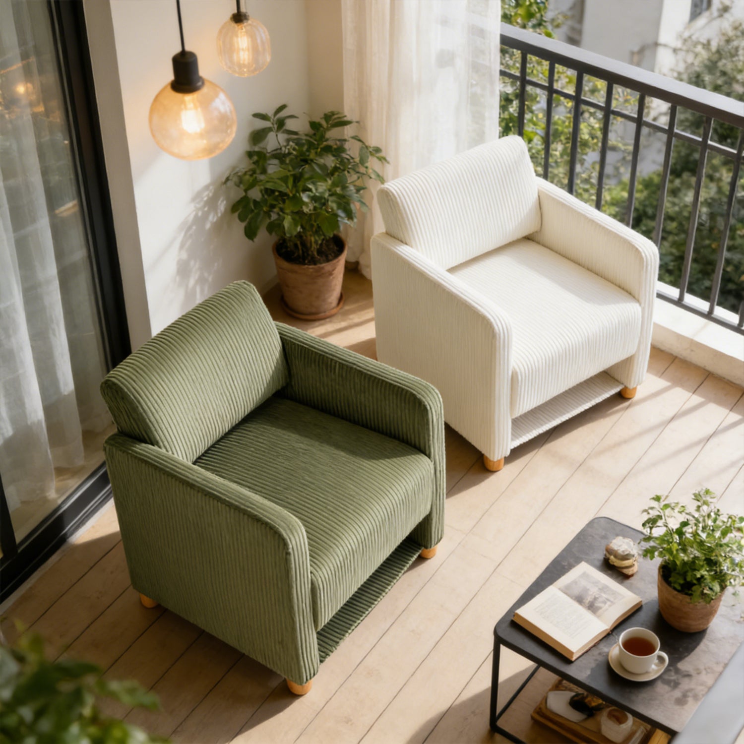 Lot de 2 fauteuil de détente 1 place canapé pour salon, fauteuil avec emballage en velours côtelé vert&beige - KARIA