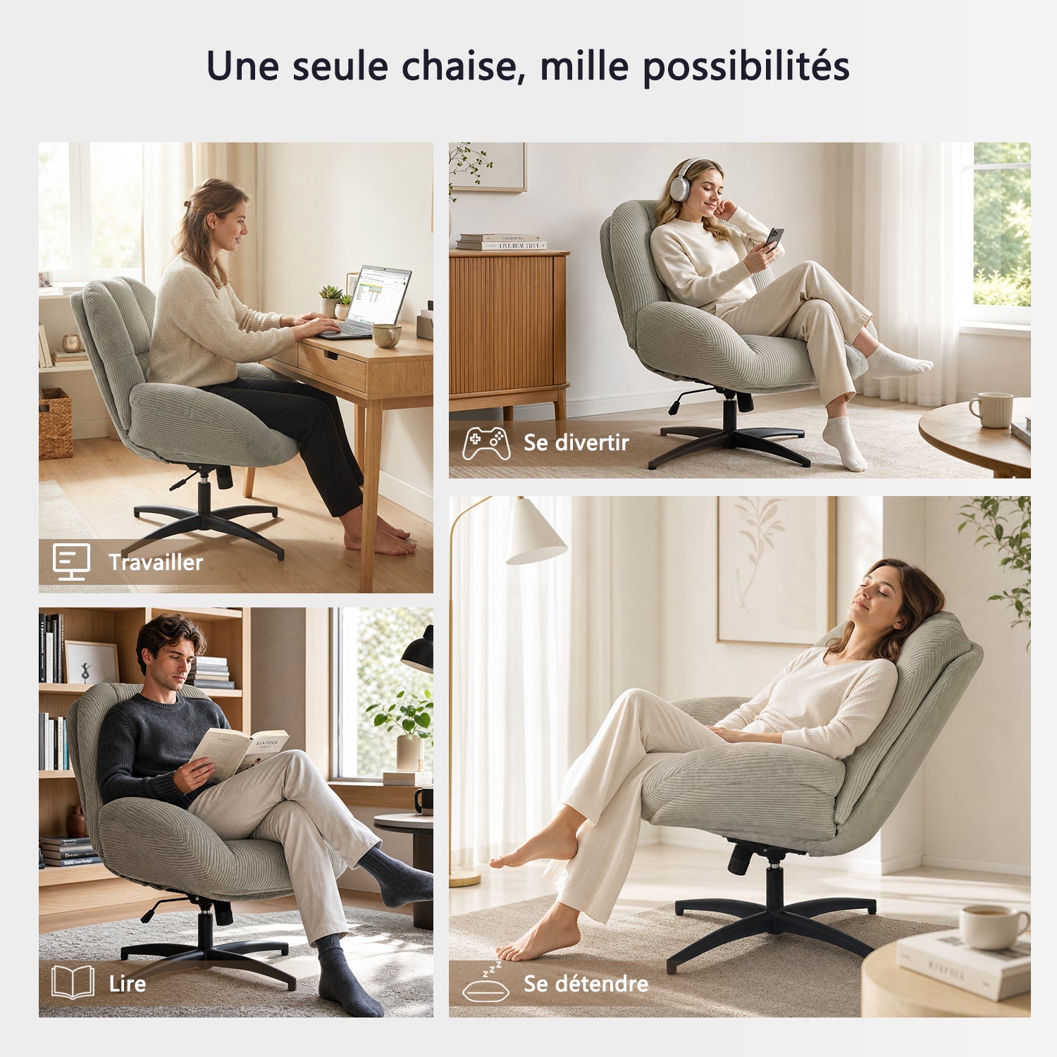 Fauteuil de bureau pivotant scandinave avec accoudoirs en velours côtelé, réglable, gris - LITHOPS FIX