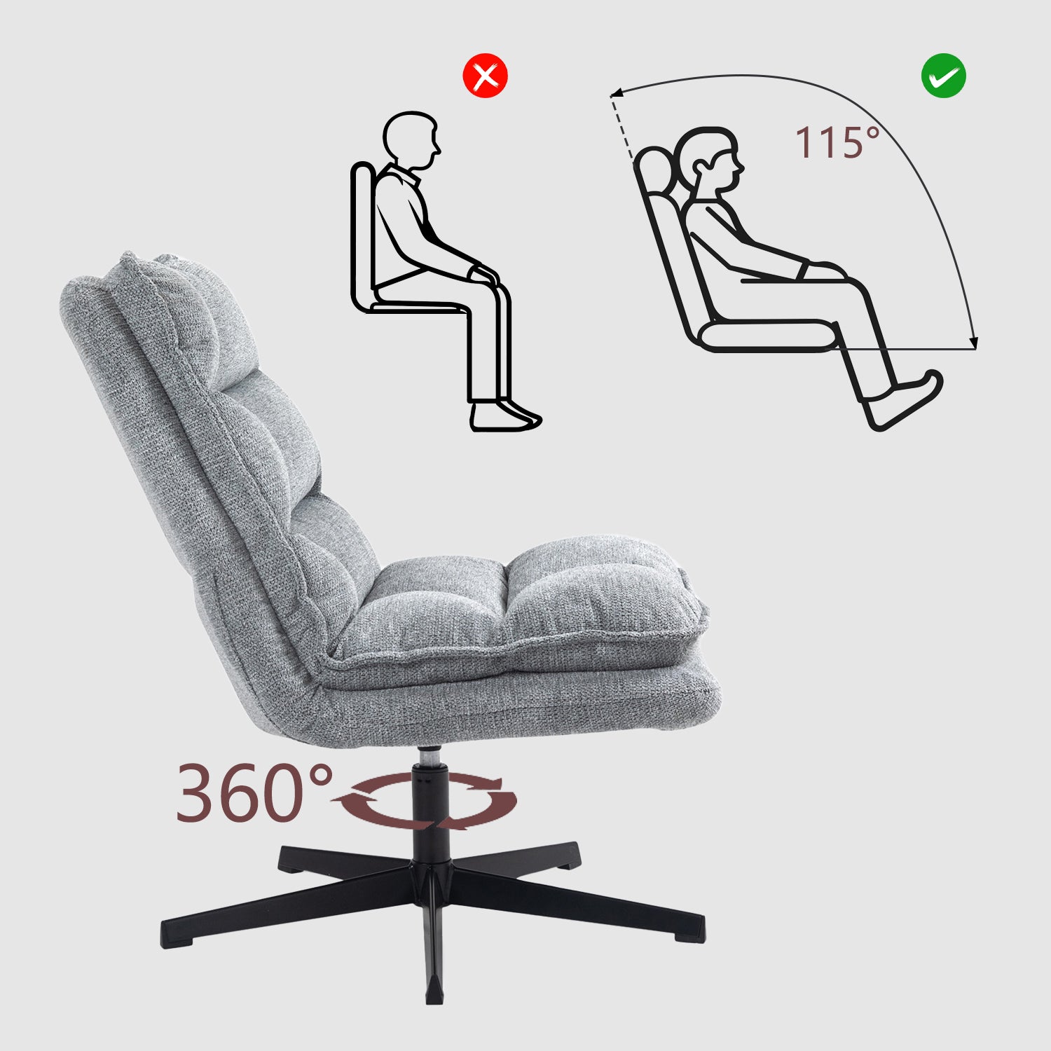 Poltrona relax pieghevole senza braccioli in tessuto grigio, girevole a 360° - AESTON