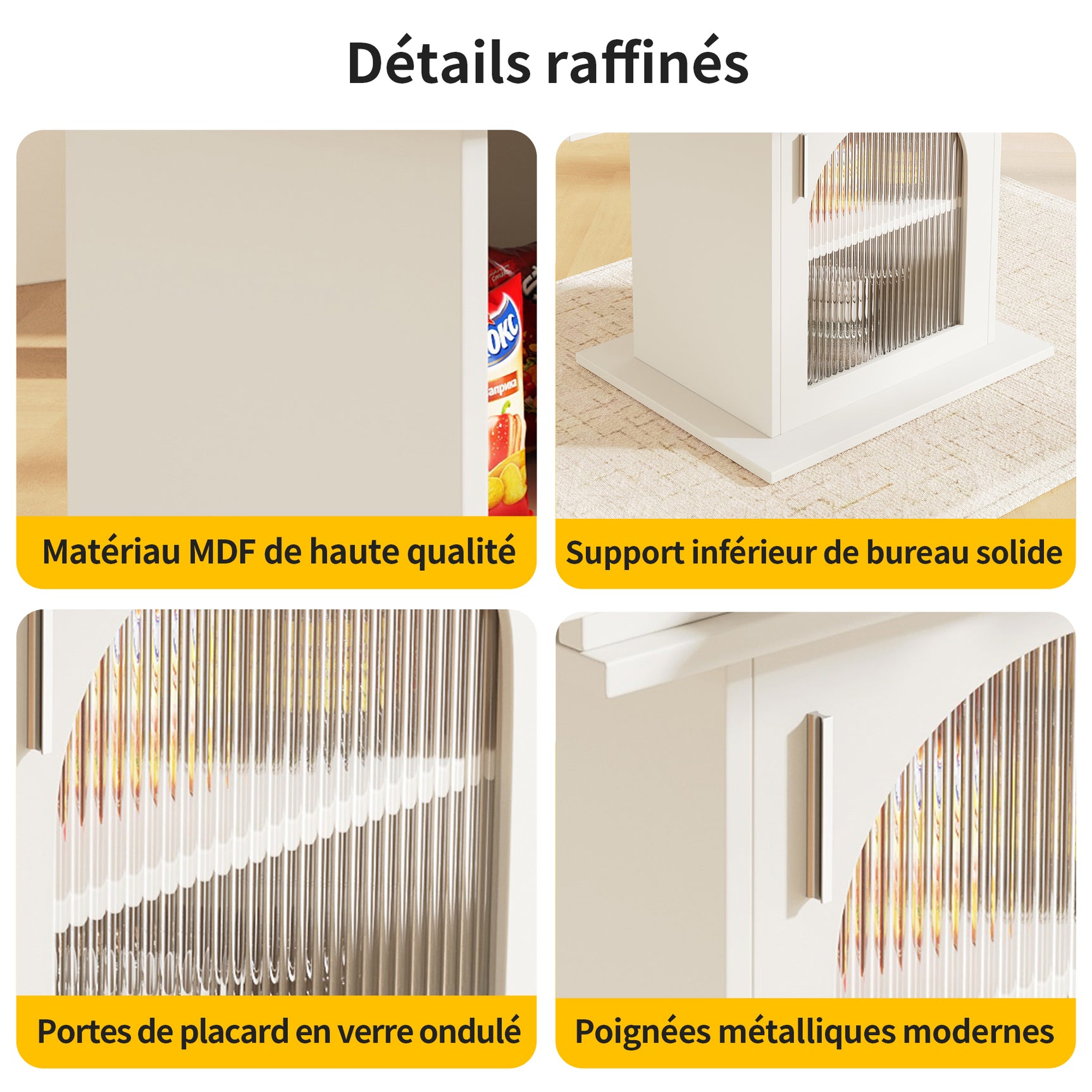 Table à manger télescopique extensible 140×80cm 3 niveaux de rangement portes en verre irisé blanche pour cuisine et salon