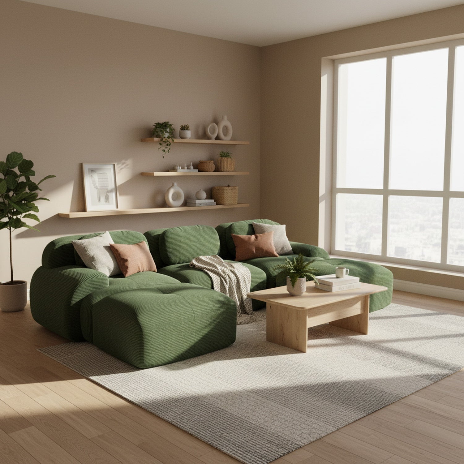 Ensemble de canapés avec accoudoirs incurvés et base antidérapante en tissu velours côtelé doux pour le salon, vert, siège 3 + tabouret 2
