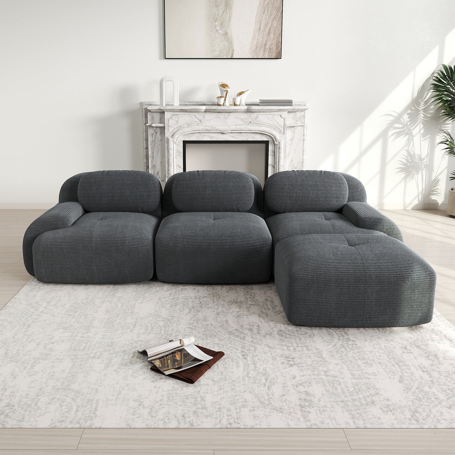 Ensemble de canapés avec accoudoirs incurvés et base antidérapante en tissu velours côtelé doux pour le salon, gris, siège 3 + tabouret 1