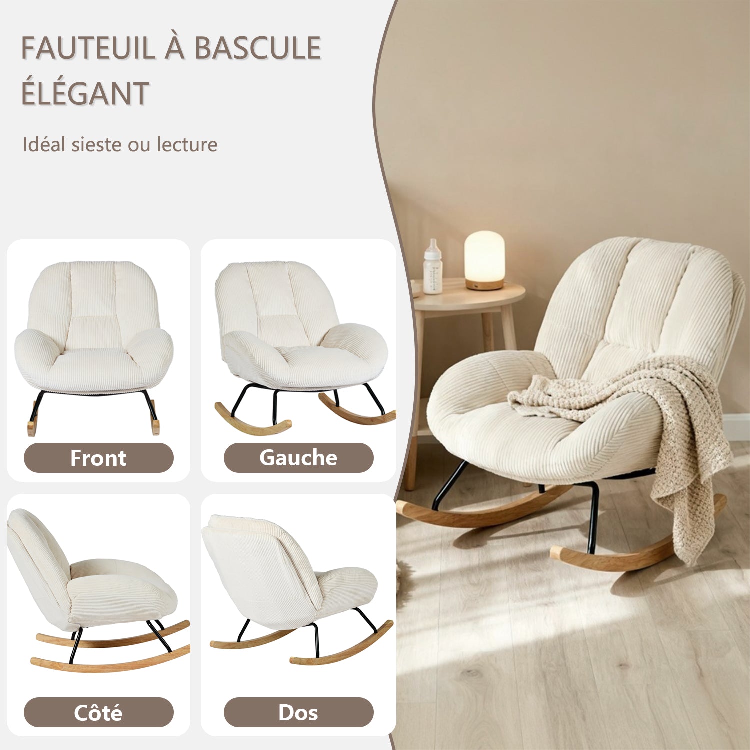 Fauteuil à bascule scandinave en velours côtelé avec accoudoirs pour salon ou chambre à coucher, beige - LITHOPS
