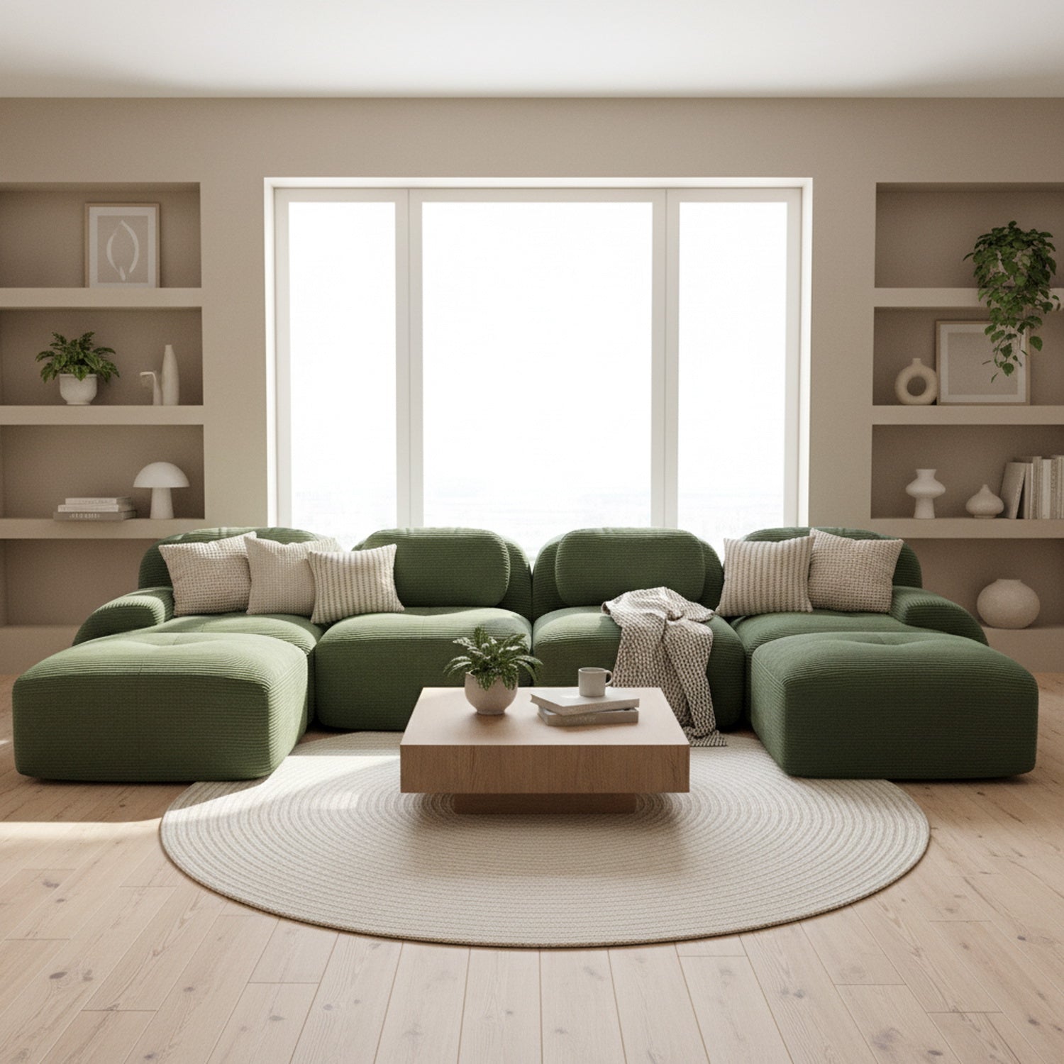 Ensemble de canapés avec accoudoirs incurvés et base antidérapante en tissu velours côtelé doux pour le salon, vert, siège 4+tabouret 2