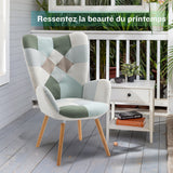 Fauteuil scandinave avec accoudoirs en tissu patchwork aqua à surpiqûres - FUNKEL