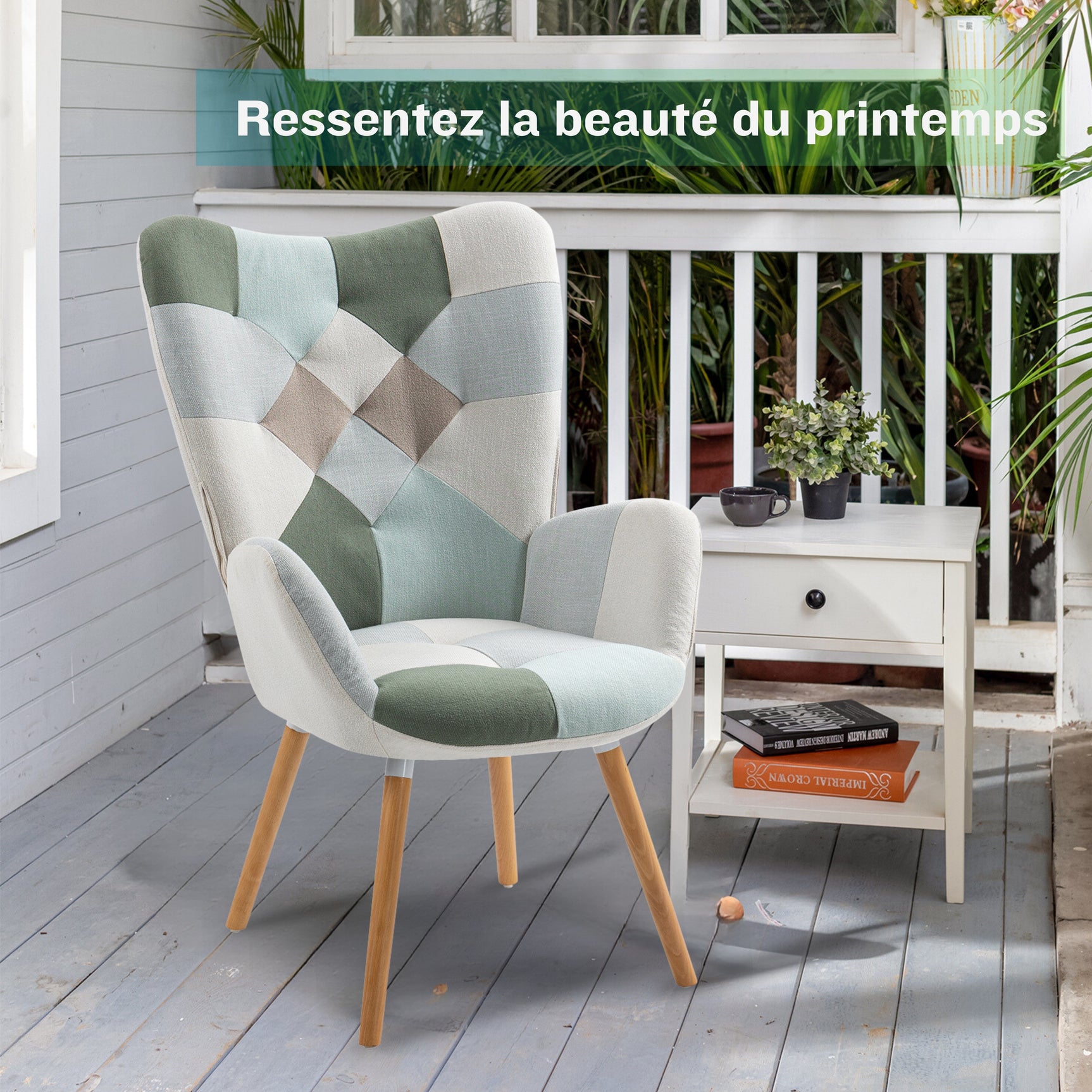 Fauteuil scandinave avec accoudoirs en tissu patchwork aqua à surpiqûres - FUNKEL