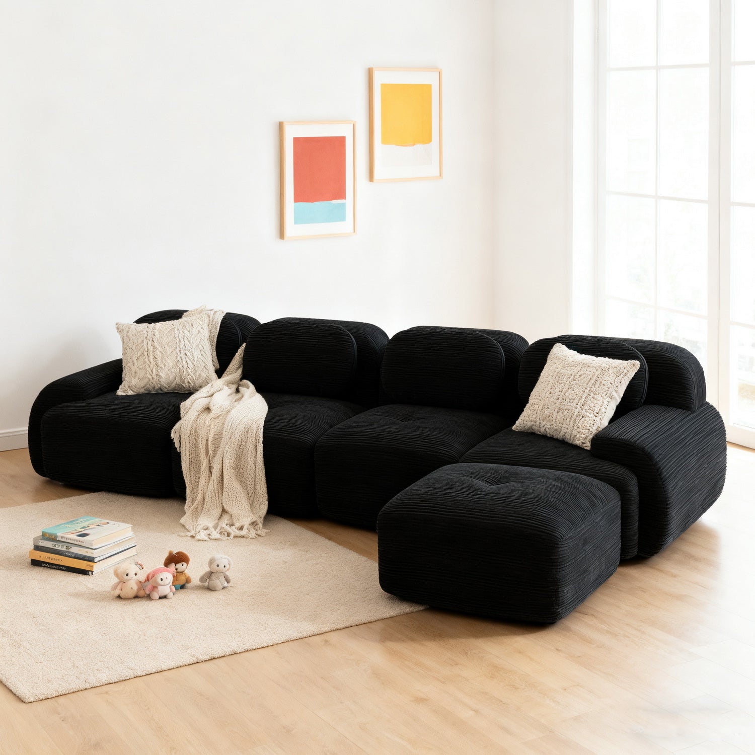 2-seater sofa bed in dark gray fabric with side pockets, modern convertible sofa