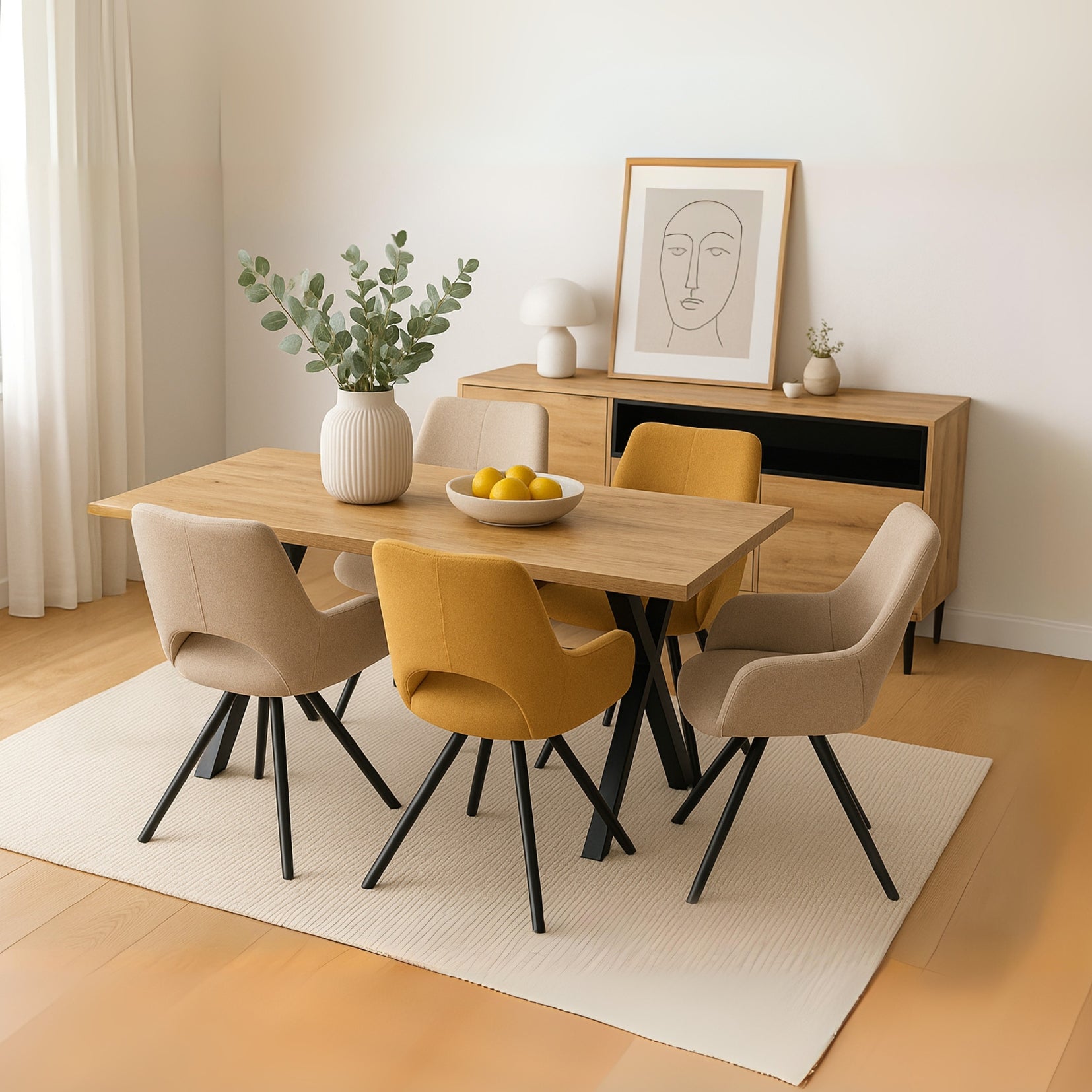 Table à manger industriel moderne 140x80 cm en bois effet chêne avec pieds croisés en métal noir