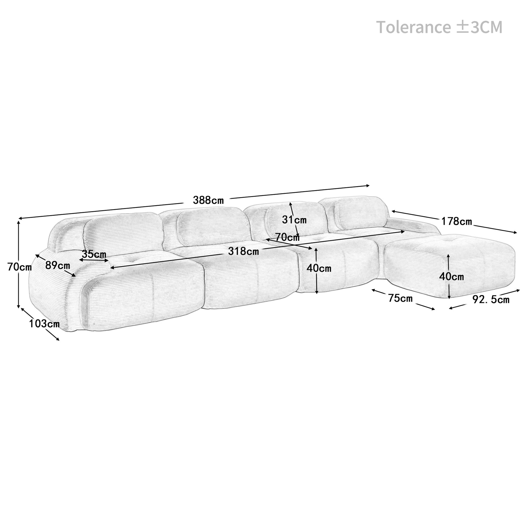 Ensemble de canapés avec accoudoirs incurvés et base antidérapante en tissu velours côtelé doux pour le salon, vert, siège 4+tabouret 1