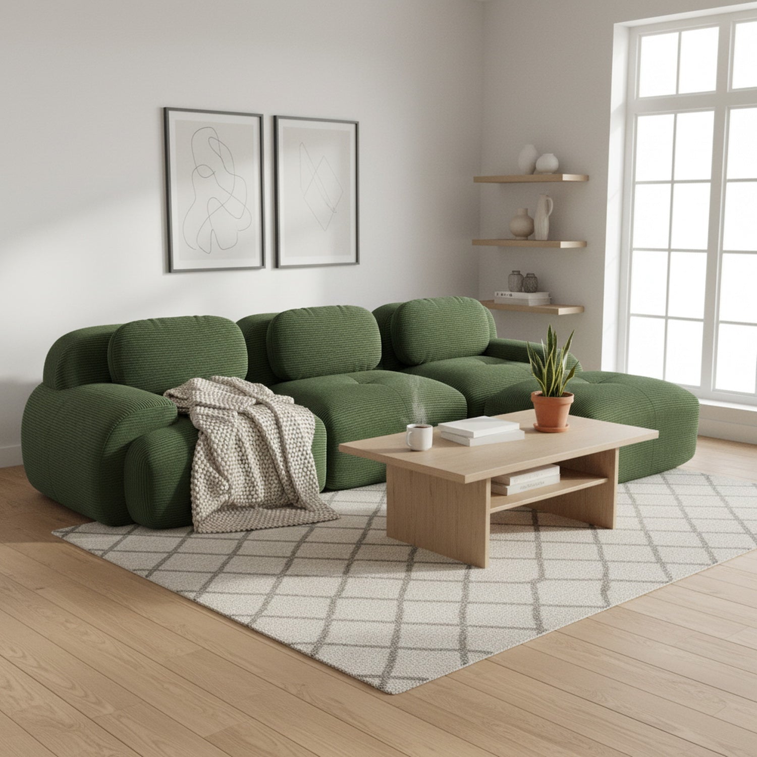 Ensemble de canapés avec accoudoirs incurvés et base antidérapante en tissu velours côtelé doux pour le salon, vert, siège 3 + tabouret 1