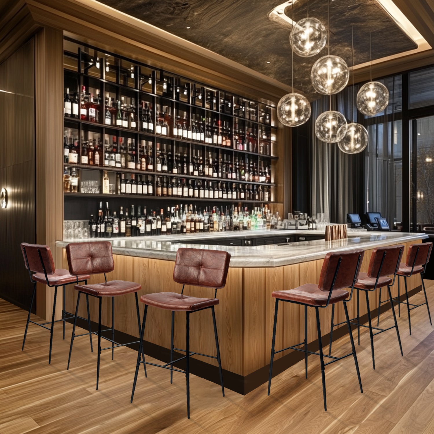 Set mit 6 industriellen Barhockern mit Rückenlehne aus braunem geöltem Leder – POMONA BAR