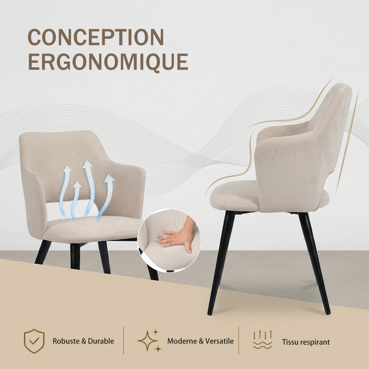 Set von 2 skandinavischen Esszimmer Sesseln mit beige Stoffarmlehnen - Akanji