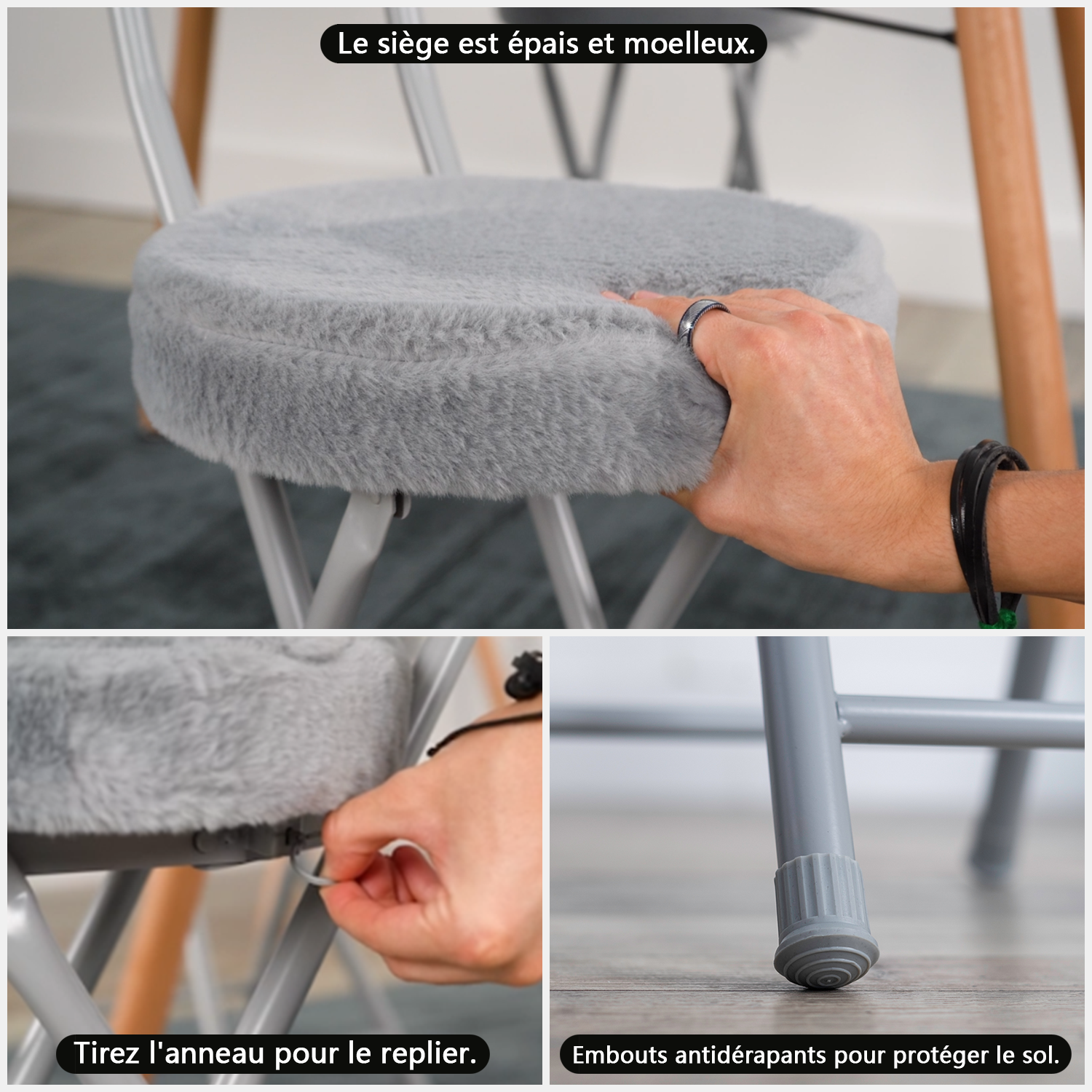 Set von 4 Klappstühlen/Stühlen, runder Sitz im Stoff Fellfell Grau - Ernst