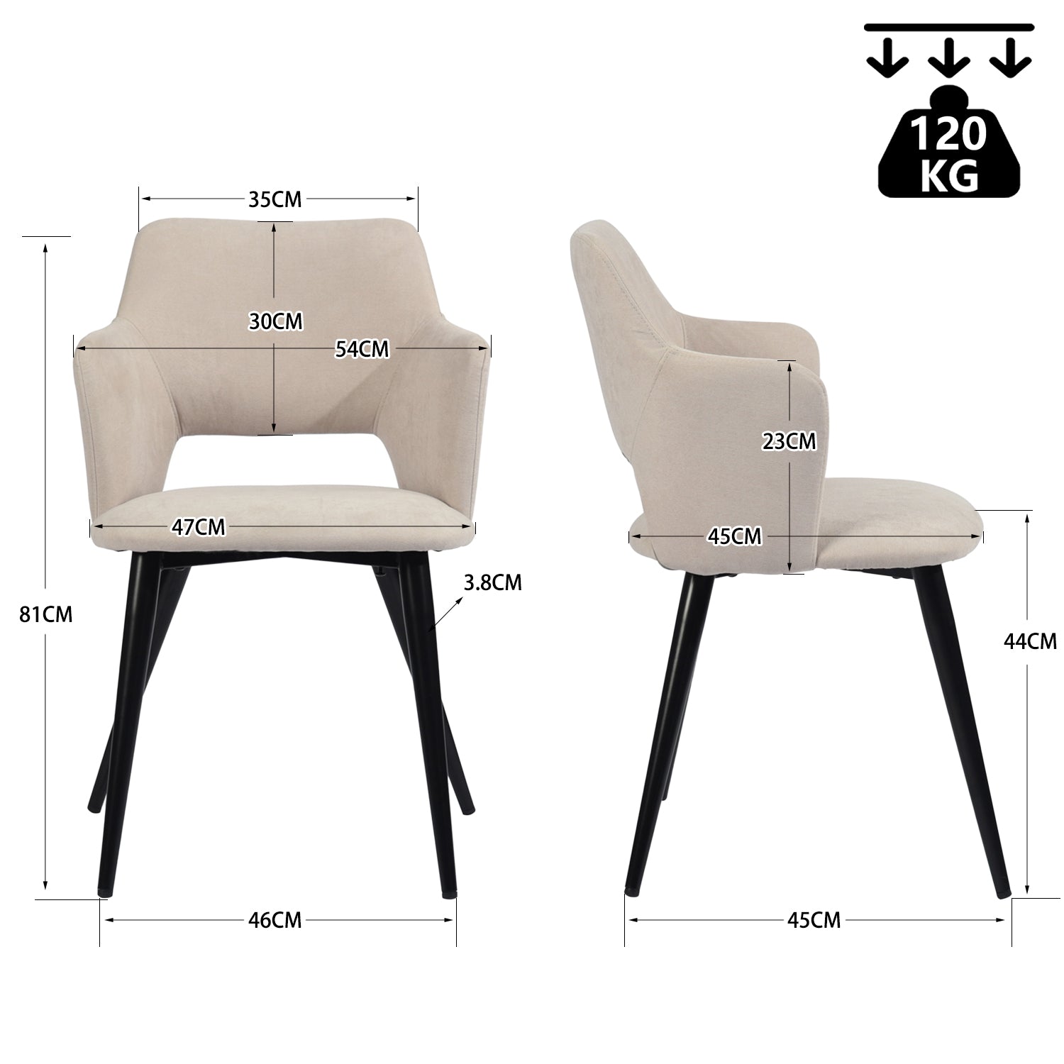 Ensemble table à manger ronde en chêne avec pieds en forme de X et 4 fauteuils en tissu beige de style scandinave pour salle à manger
