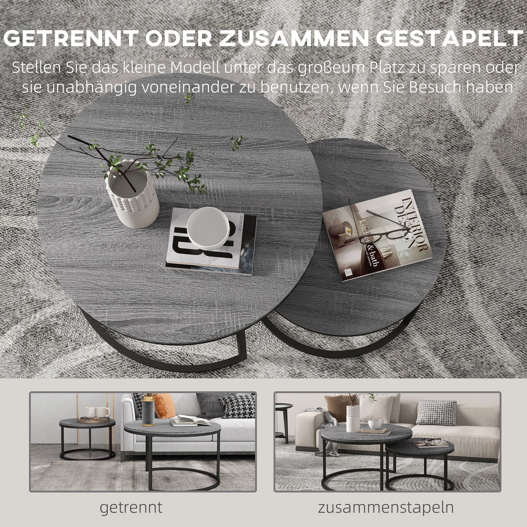 Lot de 2 tables basses rondes empilables avec plateau effet bois et structure en métal noir