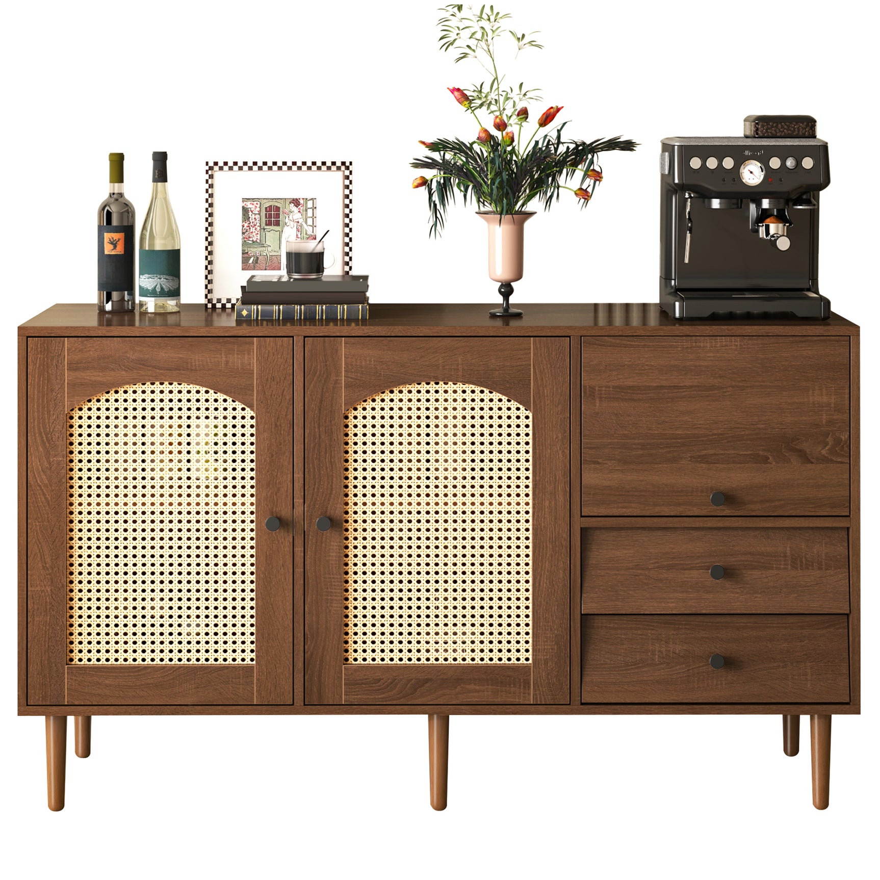 Stile campagna a buffet in legno con porte inscatoli, ripiani e cassetti regolabili 130 × 75,5 × 40 cm